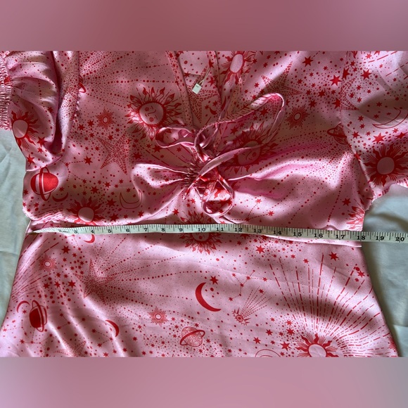 Neon Rose Ruched Bust Midi Tea Dress In Pink Red Celestial Satin Size XL… - Picture 12 of 14